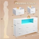WLIVE White TV Stand for 45, 50, 55 inch TV, Entertainment Center with LED Lights & Charging Station, TV Media Console Table with 8 Fabric Drawers and Open Shelves for Living Room, Hallway, Wood Top