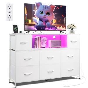WLIVE White TV Stand for 45, 50, 55 inch TV, Entertainment Center with LED Lights & Charging Station, TV Media Console Table with 8 Fabric Drawers and Open Shelves for Living Room, Hallway, Wood Top