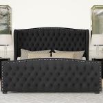 AMERLIFE Queen Size Platform Bed Frame, Velvet Upholstered Bed with Deep Button Tufted & Nailhead Trim Wingback Headboard/No Box Spring Needed/Black