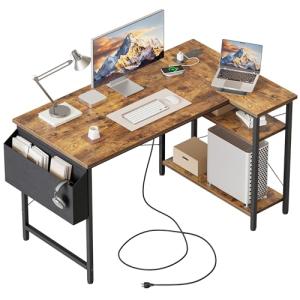 Small L Shaped Computer Desk with Power Outlets, Gaming Desk for Small Spaces, Corner Desk with Reversible Storage Shelves, Study Writing Table for Home Office (Socket, Rustic Brown, 40 inch)