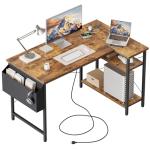 Small L Shaped Computer Desk with Power Outlets, Gaming Desk for Small Spaces, Corner Desk with Reversible Storage Shelves, Study Writing Table for Home Office (Socket, Rustic Brown, 40 inch)