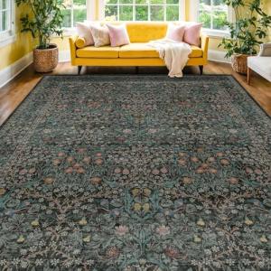 Vintage Dark Green Living Room Rug, 8x10 Washable Area Rugs for Dining Room Under Kitchen Table, Bedroom, Oriental Low Pile Stain Resistant Non-Slip Large Carpet (8x10 Dark Green)