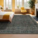 Vintage Dark Green Living Room Rug, 8x10 Washable Area Rugs for Dining Room Under Kitchen Table, Bedroom, Oriental Low Pile Stain Resistant Non-Slip Large Carpet (8x10 Dark Green)