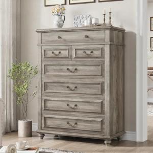 Jocoevol 7 Drawer Dresser, Vintage Design Bedroom Dressers with Drawers, Dresser Farmhouse with Natural Texture, Tall Dressers for Bedroom, Living Room, Grey