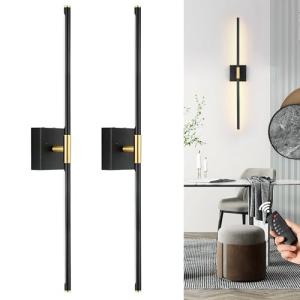 Morauroral Battery Operated Wall Sconces Set of 2, Dimmable Battery Wall Sconce with Remote Control, Black Gold LED Rechargeable Sconces, 24 Inch Modern Wireless Wall Lights for Bedroom, Living Room
