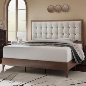 Jocisland Wood King Size Bed Frame,Tall Upholstered Tufted Headboard, Solid Wood Platform, No Box Spring Needed, Walnut