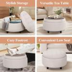 COLAMY Fabric Round Storage Ottoman with Reversible Tray Lid – Multi-Functional Footrest, Hidden Storage, Sturdy & Stylish Small Coffee Table for Living Room, Bedroom, or Entryway(Beige)
