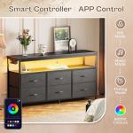 Huuger LED TV Stand for Bedroom, 47 Inch Dresser TV Stand for 43, 50, 55 Inch TV, Black TV Stand with Storage, Entertainment Center with Power Outlets, 6 Drawer Fabric Dresser for Living Room