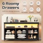 Huuger LED TV Stand for Bedroom, 47 Inch Dresser TV Stand for 43, 50, 55 Inch TV, Black TV Stand with Storage, Entertainment Center with Power Outlets, 6 Drawer Fabric Dresser for Living Room