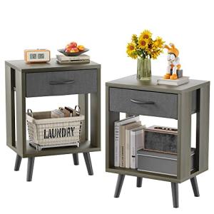 GYIIYUO Nightstands Set of 2 with Black Fabric Storage Drawer and Open Wood Shelf, Side Table with Storage for Bedroom, Bedside Tables - Gray 23.7" H