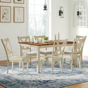 AMERLIFE 7-Piece Farmhouse Solid Wood Dining Table Set with 6 Upholstered Chairs, 60" Space Saving Dinner Table & Chairs Set, for Dining Room, Kitchen, Restaurant, Brown & White