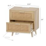 Rovaurx Rattan Nightstand with 2 Drawers, Bedside Table Small Night Stand with Charging Station, End Table for Bedroom, Boho Side Table with Solid Wood Legs for Bedroom, Modern Natural RCTG111ME