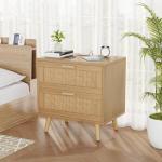 Rovaurx Rattan Nightstand with 2 Drawers, Bedside Table Small Night Stand with Charging Station, End Table for Bedroom, Boho Side Table with Solid Wood Legs for Bedroom, Modern Natural RCTG111ME