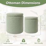 Boucle Round Ottoman with Storage Set of 2,Small Foot Stool Ottoman for Living Room,Small Coffee Table, Vanity Stool with Storage for Bedroom, Green