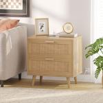 Rovaurx Rattan Nightstand with 2 Drawers, Bedside Table Small Night Stand with Charging Station, End Table for Bedroom, Boho Side Table with Solid Wood Legs for Bedroom, Modern Natural RCTG111ME