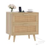 Rovaurx Rattan Nightstand with 2 Drawers, Bedside Table Small Night Stand with Charging Station, End Table for Bedroom, Boho Side Table with Solid Wood Legs for Bedroom, Modern Natural RCTG111ME