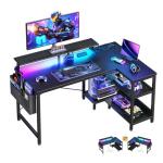 ODK 40 Inch Gaming Desk with USB Power Outlets and LED Lights, Reversible L Shaped Computer Desk with Storage Shelves & Monitor Stand, Corner Home Office Desk Table, Carbon Fiber Surface, Black