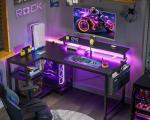 ODK 40 Inch Gaming Desk with USB Power Outlets and LED Lights, Reversible L Shaped Computer Desk with Storage Shelves & Monitor Stand, Corner Home Office Desk Table, Carbon Fiber Surface, Black