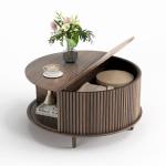 JOINICE,Round Coffee Table with Storage,Fluted Center Table with Sliding Cabinet Door for Living Room,Home Small Space,31.5" Small Center Table,Walnut