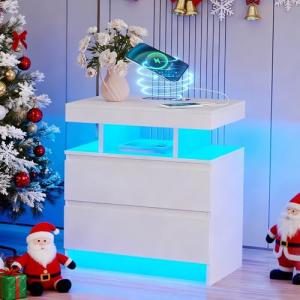 dnbss Nightstand with Charging Station and LED Light, Modern Night Stand with 2 Drawers, Smart Nightstand with USB Ports and Wireless Charger, Bedside Table for Bedroom, White