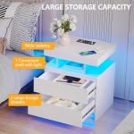 dnbss Nightstand with Charging Station and LED Light, Modern Night Stand with 2 Drawers, Smart Nightstand with USB Ports and Wireless Charger, Bedside Table for Bedroom, White