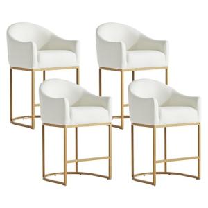 LVHOMLAX Counter Height Bar Stools Set of 4,Modern Counter Height Bar Stools,PU Leather Upholstered Barrel Barstools with Backs,26'' Kitchen Island Chairs,Metal Gold Frames,Pearl Beige Leather