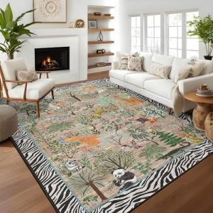 Garvee Jungle Rug 5x7 Washable Animal Living Room Rug Non-Slip Non-Shedding Kids Bedroom Aesthetic Rugs for Boy Play Room Foldable Low Pile Accent Botanical Rugs for Kitchen Office Nursery Decor Brown