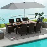 10Piece Patio Rattan Dining Set w/15Ft Double-Sided Umbrella, Outdoor Heavy Duty Acacia Wood Table & Stackable Wicker Chairs Set