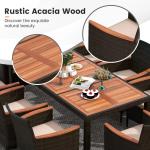 10Piece Patio Rattan Dining Set w/15Ft Double-Sided Umbrella, Outdoor Heavy Duty Acacia Wood Table & Stackable Wicker Chairs Set