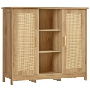 Iwell Rattan Storage Cabinet with 4 Adjustable Shelves, Coffee Bar Cabinet, Sideboard Buffet for Kitchen, Living Room, Entryway, Natural