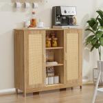 Iwell Rattan Storage Cabinet with 4 Adjustable Shelves, Coffee Bar Cabinet, Sideboard Buffet for Kitchen, Living Room, Entryway, Natural