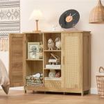 Iwell Rattan Storage Cabinet with 4 Adjustable Shelves, Coffee Bar Cabinet, Sideboard Buffet for Kitchen, Living Room, Entryway, Natural