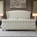 AMERLIFE California King Size Platform Bed Frame, Velvet Upholstered Sleigh Bed with Scroll Wingback Headboard & Footboard/Button Tufted/No Box Spring Required/Cream