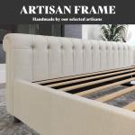 AMERLIFE California King Size Platform Bed Frame, Velvet Upholstered Sleigh Bed with Scroll Wingback Headboard & Footboard/Button Tufted/No Box Spring Required/Cream