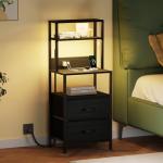 Furnulem Night Stand, Tall Nightstand with 4-Tier Shelves, 2 Fabric Drawers and Light Tube, Bed Side Tables with Charging Station, Bedside Table for Bedroom, Office, Black Oak