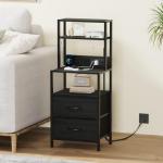Furnulem Night Stand, Tall Nightstand with 4-Tier Shelves, 2 Fabric Drawers and Light Tube, Bed Side Tables with Charging Station, Bedside Table for Bedroom, Office, Black Oak