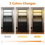 Furnulem Night Stand, Tall Nightstand with 4-Tier Shelves, 2 Fabric Drawers and Light Tube, Bed Side Tables with Charging Station, Bedside Table for Bedroom, Office, Black Oak