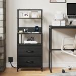 Furnulem Night Stand, Tall Nightstand with 4-Tier Shelves, 2 Fabric Drawers and Light Tube, Bed Side Tables with Charging Station, Bedside Table for Bedroom, Office, Black Oak