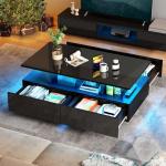 YITAHOME LED Coffee Table with Storage, High Glossy LED Coffee Tables for Living Room, Modern Black Rectangle Coffe Table, Small Center Table with Open Display Shelf & 4 Sliding Drawers, Glossy Black