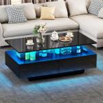 YITAHOME LED Coffee Table with Storage, High Glossy LED Coffee Tables for Living Room, Modern Black Rectangle Coffe Table, Small Center Table with Open Display Shelf & 4 Sliding Drawers, Glossy Black