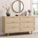 51" Rattan Dresser for Bedroom, 6 Drawer Wide Dresser, Boho&Farmhouse Chest of Drawers, Clothes Storage Cabinet, Metal Handle&Wood Legs for Hallway, Living Room, Bedroom, Wood