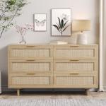 51" Rattan Dresser for Bedroom, 6 Drawer Wide Dresser, Boho&Farmhouse Chest of Drawers, Clothes Storage Cabinet, Metal Handle&Wood Legs for Hallway, Living Room, Bedroom, Wood