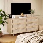 51" Rattan Dresser for Bedroom, 6 Drawer Wide Dresser, Boho&Farmhouse Chest of Drawers, Clothes Storage Cabinet, Metal Handle&Wood Legs for Hallway, Living Room, Bedroom, Wood