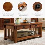 Leick Home Mission Impeccable Coffee Table, Solid Wood with 2 Drawers & Shelf, Medium Oak Finish, Blackened Hardware, Slatted Sides, Easy Assembly, 48 in W x 24 in D x 19 in H, 8204