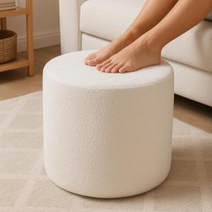 KKdema Round Pouf Ottoman and Foot Rest, Soft Boucle Footstool Ottomans for Living Room, Comfort Sponge Stuffed Poofs for Couch Desk Resting Your Feet, White(17.1" D x 17.1" W x 14" H)