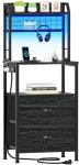 Furologee 40'' Tall Nightstand with Charging Station, Bedside Table with LED Lights, End Table with 2 Drawers and Storage Shelves, Night Stand with Pegboard for Bedroom, Black Oak