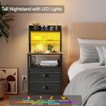 Furologee 40'' Tall Nightstand with Charging Station, Bedside Table with LED Lights, End Table with 2 Drawers and Storage Shelves, Night Stand with Pegboard for Bedroom, Black Oak
