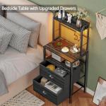 Furologee 40'' Tall Nightstand with Charging Station, Bedside Table with LED Lights, End Table with 2 Drawers and Storage Shelves, Night Stand with Pegboard for Bedroom, Black Oak