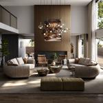 Italian light luxury leather sofa, large villa living room curved conch sofa