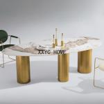 Minimal rock slab stainless steel titanium dining table and chair combination